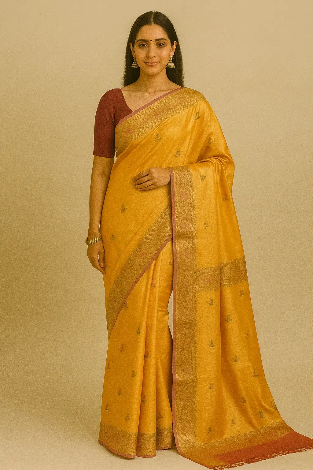 Golden-yellow Muga Tussar Silk Saree with Traditional Zari Weaving Golden-yellow Muga Tussar Silk Saree with Traditional Zari Weaving