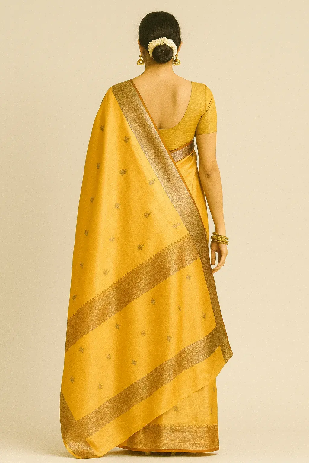 Golden-yellow Muga Tussar Silk Saree with Traditional Zari Weaving Golden-yellow Muga Tussar Silk Saree with Traditional Zari Weaving