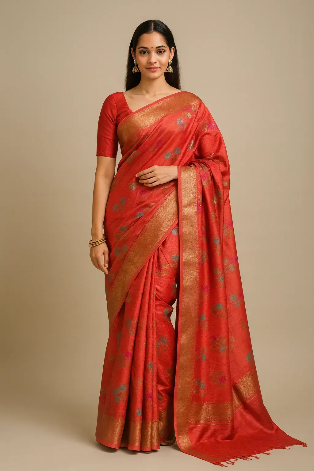 Tomato Red Muga tussar Saree with Floral Buta and Zari Paisley Pallu Tomato Red Muga tussar Saree with Floral Buta and Zari Paisley Pallu