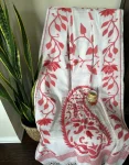 White Handwoven Cotton Saree with Red Floral Thread Embroidery