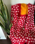 Bold Red Cotton Saree with White Floral Print and Mustard Blouse Piece0