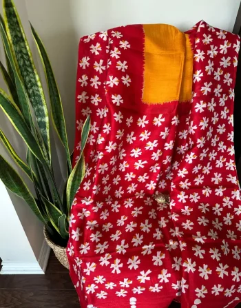 Bold Red Cotton Saree with White Floral Print and Mustard Blouse Piece