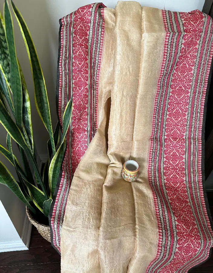 Golden Beige Nobokothi Saree with Red Temple Motif Border and Black Accents Golden Beige Nobokothi Saree with Red Temple Motif Border and Black Accents