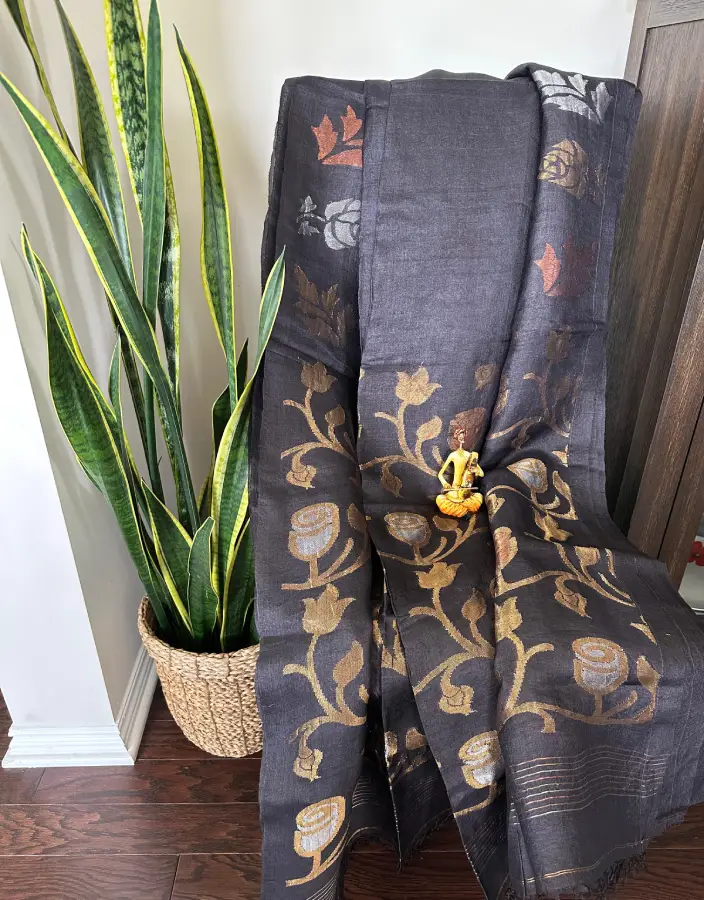 Charcoal Black Matka Silk Saree with Gold Zari Floral Vine Motifs Charcoal Black Matka Silk Saree with Gold Zari Floral Vine Motifs