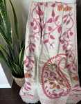 White Kanthastitch Saree with Pink Floral Vines and Bold Paisley Motif