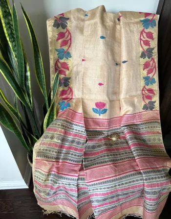 Golden Beige Tussar Jamdani Saree with Pink-Blue Lotus Motifs and Striped Pallu