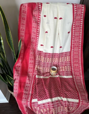 Traditional Red & Off-White Cotton Saree with Bengal Weave Motifs