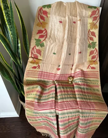Traditional Cream Gorod Saree with Multicolor Thread Work