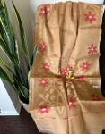 Golden Beige Tissue Linen Saree with Red & Gold Floral Weave