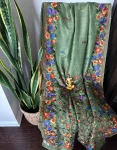 Olive Green Kantha Stitch Saree with Multicolor Floral Embroidery
