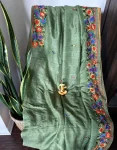 Olive Green Kantha Stitch Saree with Multicolor Floral Embroidery