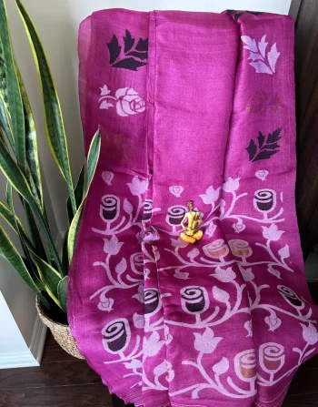 Magenta Cotton Saree with Bold Rose Woven Motifs