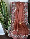Rust Brown Kantha Stitch Saree with Dual Floral Border Embroidery