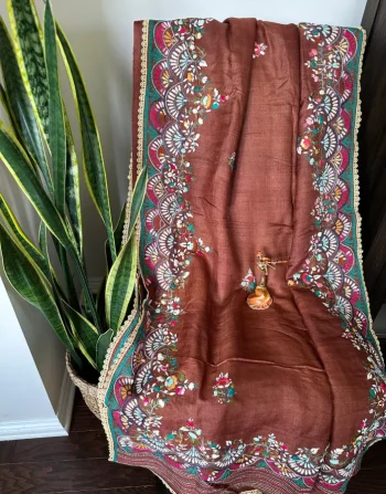 Rust Brown Kantha Stitch Saree with Dual Floral Border Embroidery