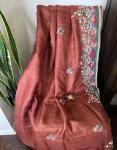 Rust Brown Kantha Stitch Saree with Dual Floral Border Embroidery
