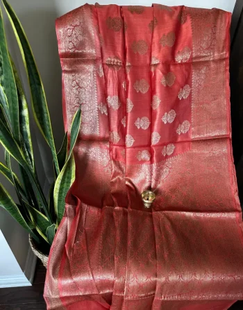 Cherry Red Baluchari Saree with Antique Zari Work and Floral Butis