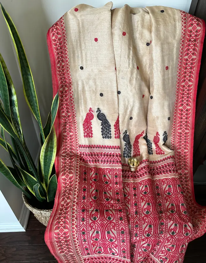 Beige & Red Kanthastitch Saree with Peacock Motif Embroidery Beige & Red Kanthastitch Saree with Peacock Motif Embroidery