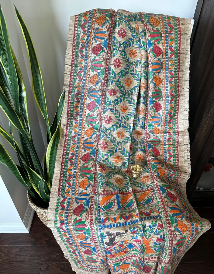 Beige Nobokothi Saree with Multicolor Tribal Folk Art Print Beige Nobokothi Saree with Multicolor Tribal Folk Art Print