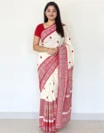 Traditional Red & Off-White Cotton Saree with Bengal Weave Motifs