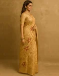 Golden Beige Tissue Linen Saree with Red & Gold Floral Weave