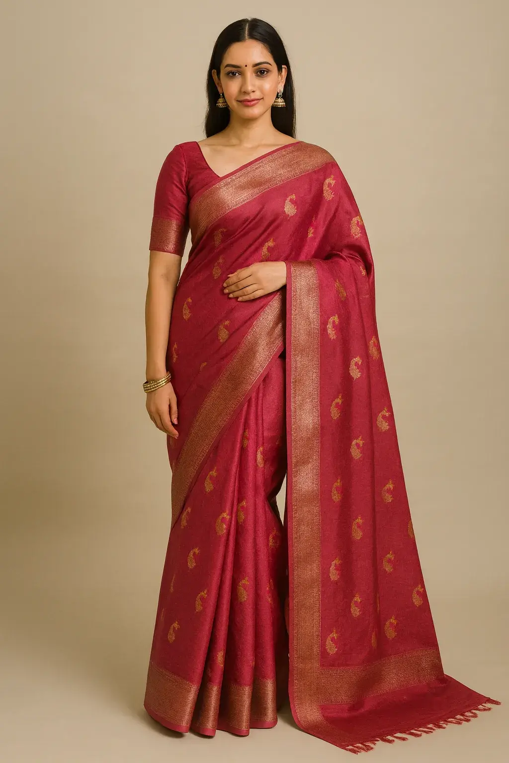 Tomato Red Muga tussar Saree with Floral Buta and Zari Paisley Pallu Tomato Red Muga tussar Saree with Floral Buta and Zari Paisley Pallu