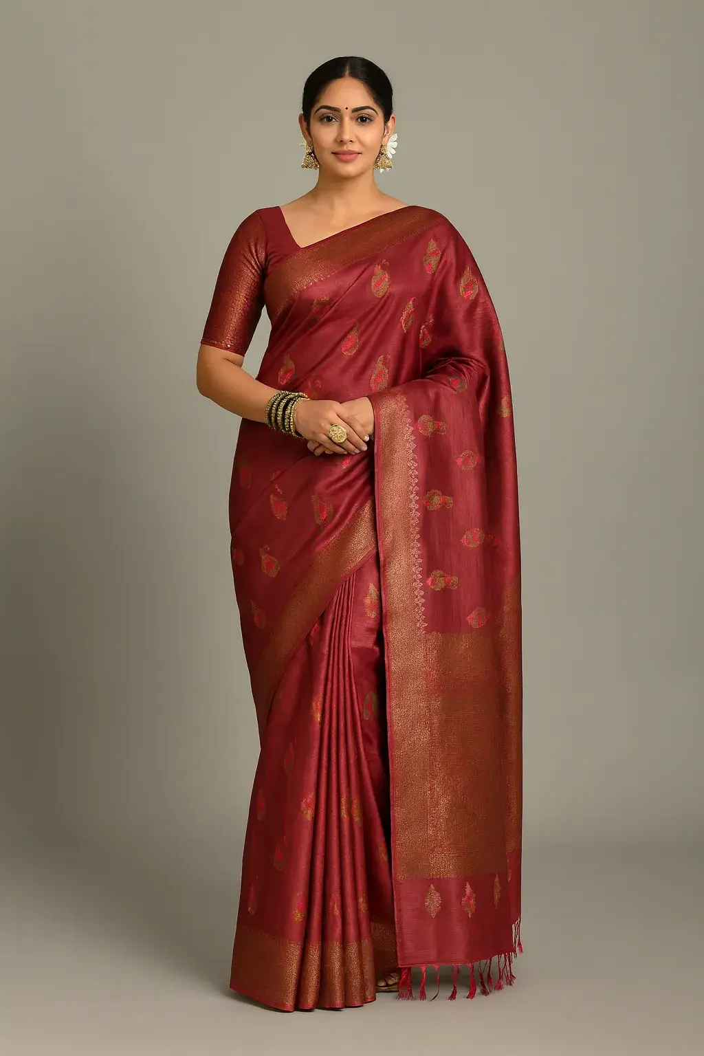 Tomato Red Muga tussar Saree with Floral Buta and Zari Paisley Pallu Tomato Red Muga tussar Saree with Floral Buta and Zari Paisley Pallu