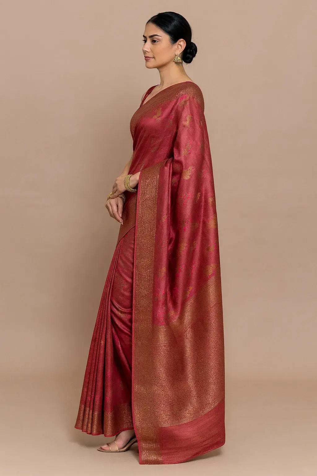 Tomato Red Muga tussar Saree with Floral Buta and Zari Paisley Pallu Tomato Red Muga tussar Saree with Floral Buta and Zari Paisley Pallu