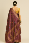 Baluchari Saree in Deep Wine with Multicolor Floral Buta & Traditional Motif Pallu