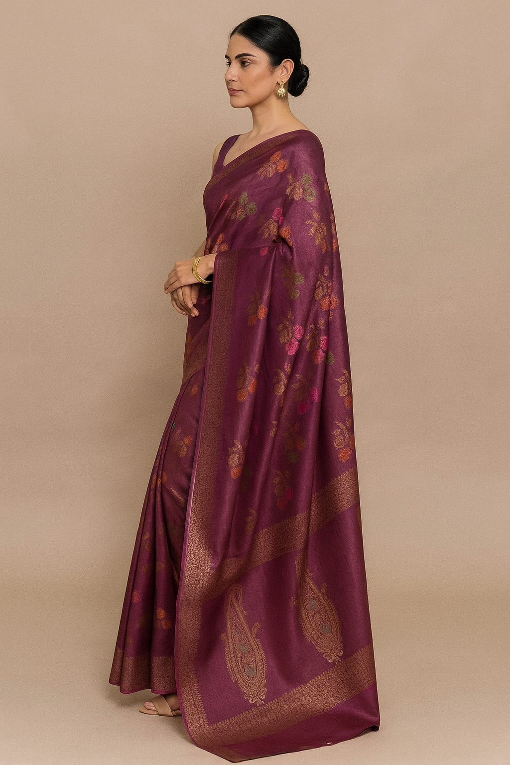 Muga tussar Saree in Deep Wine with Multicolor Floral Buta & Traditional Motif Pallu Muga tussar Saree in Deep Wine with Multicolor Floral Buta & Traditional Motif Pallu