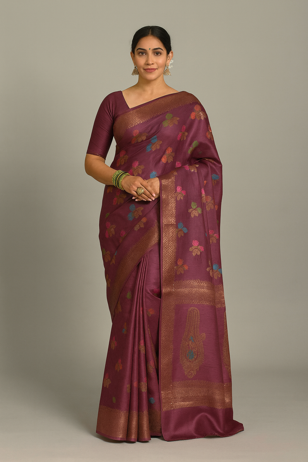 Muga tussar Saree in Deep Wine with Multicolor Floral Buta & Traditional Motif Pallu Muga tussar Saree in Deep Wine with Multicolor Floral Buta & Traditional Motif Pallu