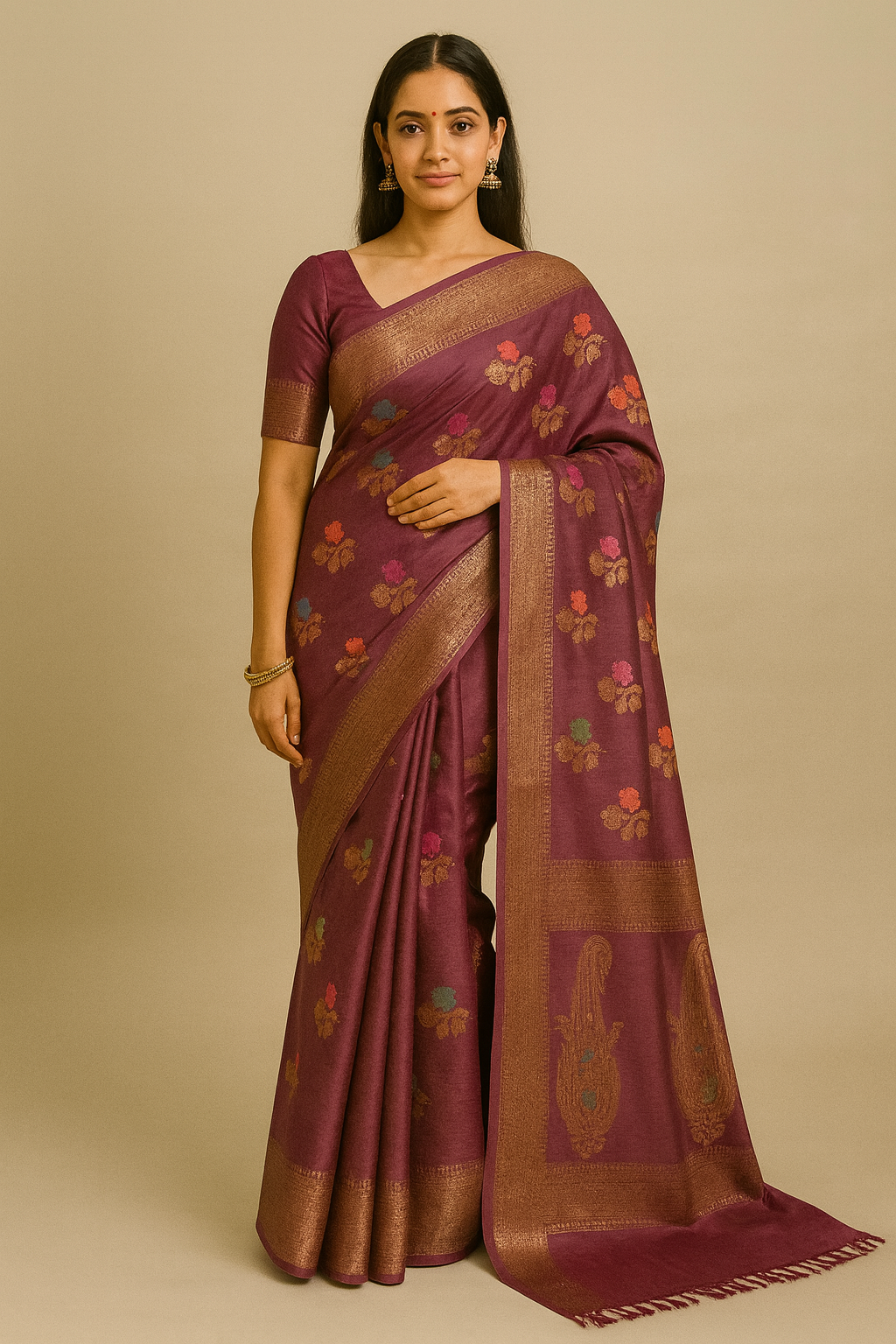 Muga tussar Saree in Deep Wine with Multicolor Floral Buta & Traditional Motif Pallu Muga tussar Saree in Deep Wine with Multicolor Floral Buta & Traditional Motif Pallu