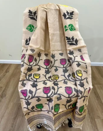 Cream Color Tussar Jamdani Saree with Bold Rose Woven Motifs
