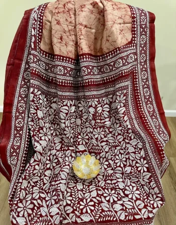 Rust body and Maroon Border Bangalore silk Saree with White Kanthastitch and Batik body