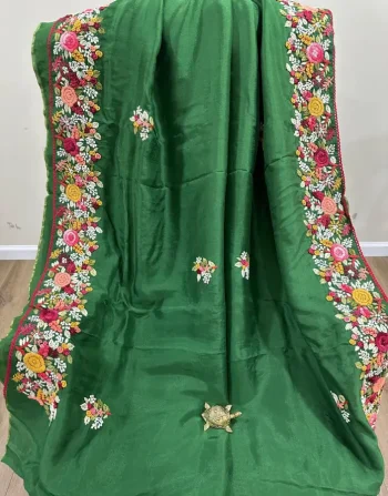 Emerald green crepe silk with Parsi Bullian Embroidery Saree