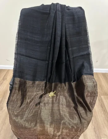 Black solid body Matka Silk Saree with golden striped pallu