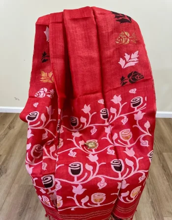 Red Tussar Jamdani Saree with Bold Rose Woven Motifs