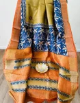 Pista Green and Blue and Orange Tussar Block print Saree with Coconut tree Motifs