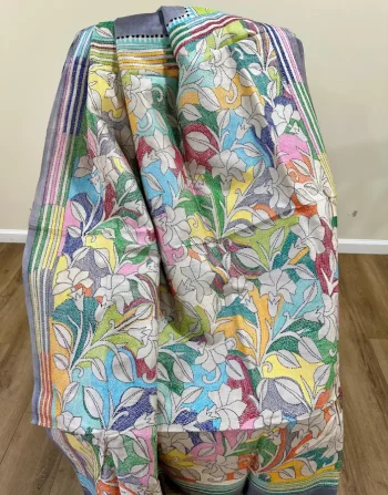 Steel grey Kanthastitch Saree with white and multicolor design in Pallu and border