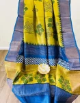 Pista Green and blue Tussar Block print Saree with Maple leaf Motifs