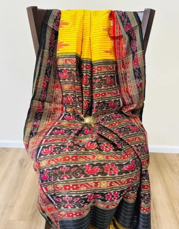 Yellow Nobokothi Khandua silk saree with Red Striped body and temple border
