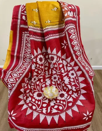 Yellow Kanthastitch Saree with Bold Red and white Floral design