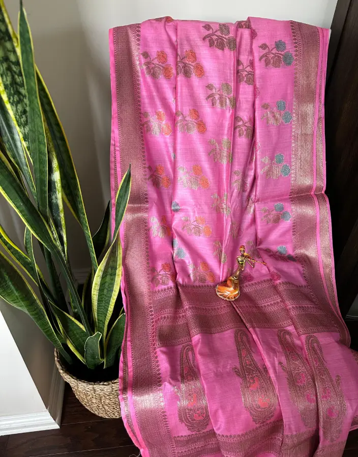 Baluchari Saree in Bright Pink with Temple Motif Pallu & Floral Buta Baluchari Saree in Bright Pink with Temple Motif Pallu & Floral Buta
