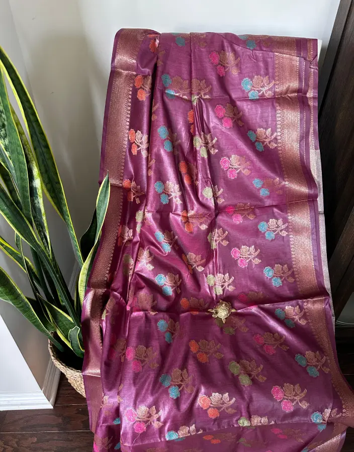 Baluchari Saree in Deep Plum with Multicolor Floral Weaves & Zari Border Baluchari Saree in Deep Plum with Multicolor Floral Weaves & Zari Border