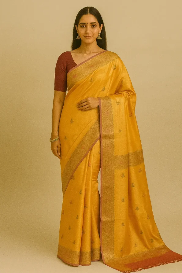 Golden-yellow Muga Tussar Silk Saree with Traditional Zari Weaving