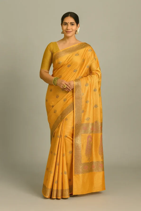 Golden-yellow Muga Tussar Silk Saree with Traditional Zari Weaving