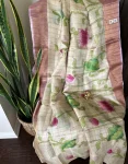 Handcrafted Tussar Jamdani Saree with Pink-Green Floral Artwork and Dual-Tone Border