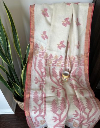 Elegant Handwoven Linen Saree in Off-White with Rose Pink Motifs