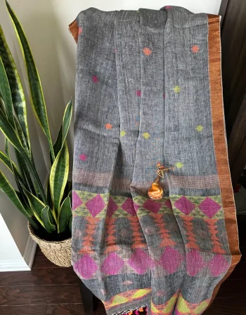 Charcoal Grey Linen Saree with Multicolor Geometric Pallu