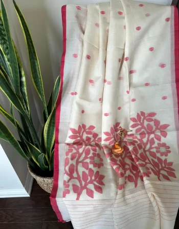 Off-White & Red Gorod Saree with Nature Motif Thread Work