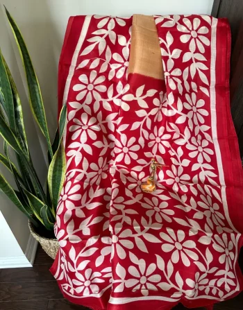 Bold Red Linen Saree with White Floral Motif and Golden Blouse Piece